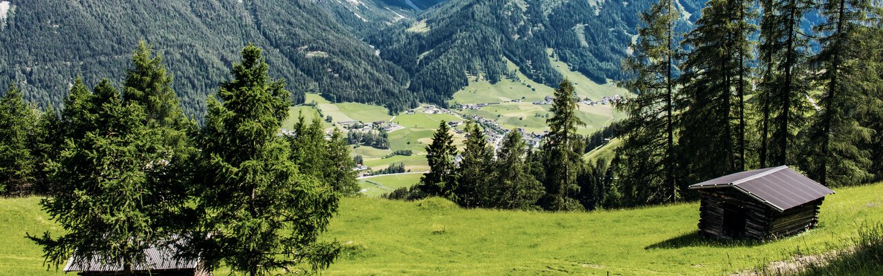Stubaital in Österreich Blick auf Wiesen, Hütten und Berge im Stubaital in Österreich