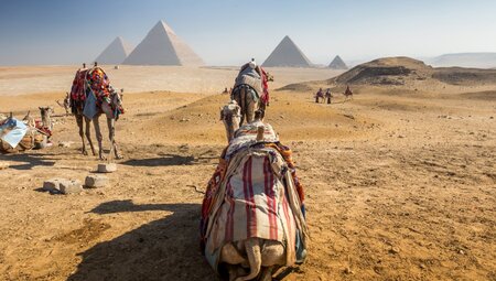 Kamelkarawane vor den Pyramiden von Gizeh