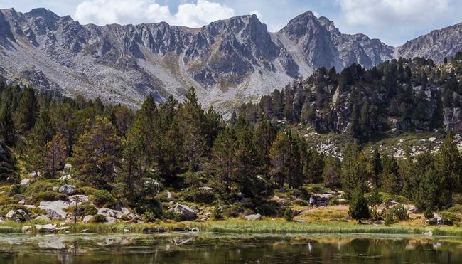 Wide shot of the Pyranees Mountains with green trees on hillside and a lake in the foreground