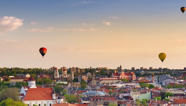 Panorama of Vilnius with hot air balloons