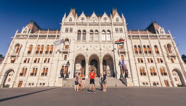 Travellers with Leader at Parliament building in Budapest, Hungary