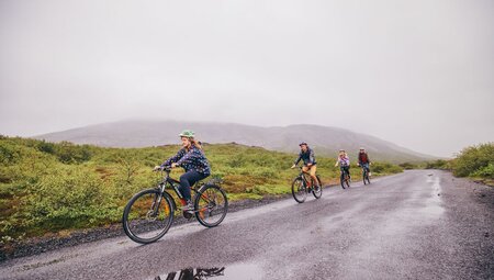 Group of travellers cycling in Iceland