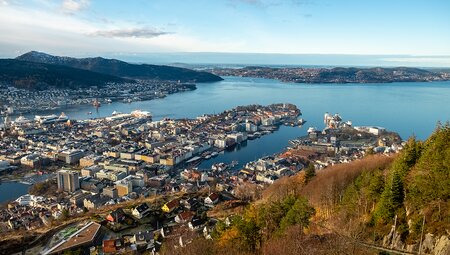 The city of Bergen viewed from atop Mount Floyen in Norway.