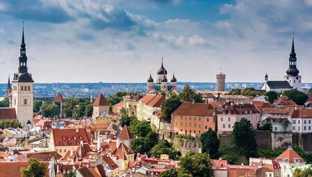 Skyline of Tallinn Old Town's churches and medieval buildings in Estonia