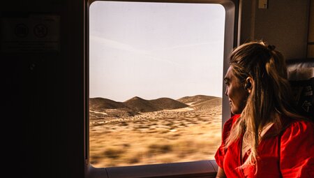 Sophie Morgan looks out at the scenery on the way to Madrid by train