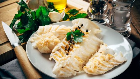 A traditional dish of cod fillet in Lofoten archipelago