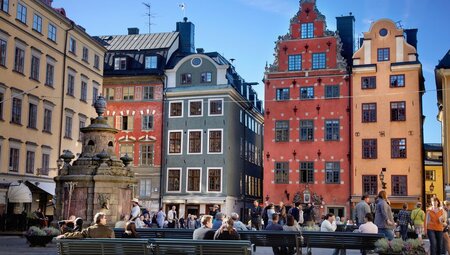 Packed 17th century buildings in the main square of Old Town Stockholm, Gamla Stan