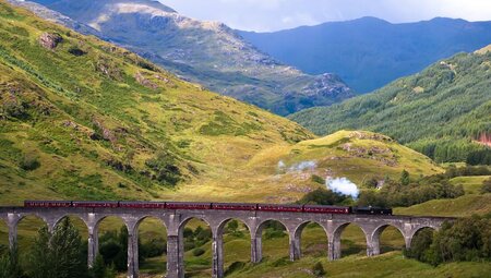 Steam locomotive train crossing an aqueduct bridge with the Scottish Highlands sprawling behind