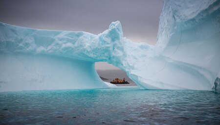 Zodiac cruising amongst the iceberg off Greenland's coast