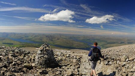 Hiker descending Ben Nevis, near Fort William, Scotland