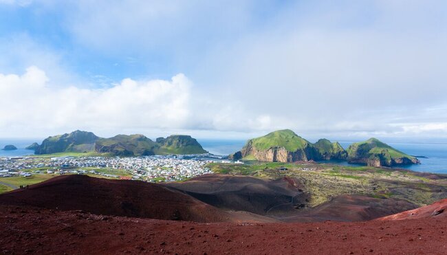 The view atop Heimaey Island from Eldfell Volcano lava fields