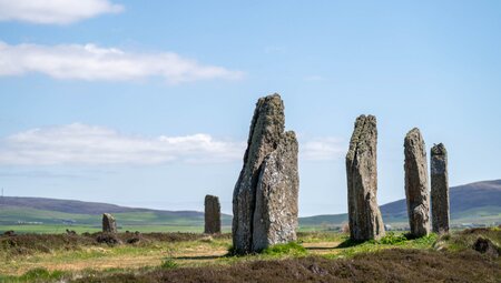 The neolithic Ring of Brodgar, a megalithic henge constructed around 2500 BCE, near Stromness