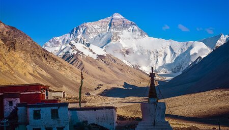 Mount Everest's North Face as seen from Ronbuk Monastery in the Dzakar Chu Valley in Tibet