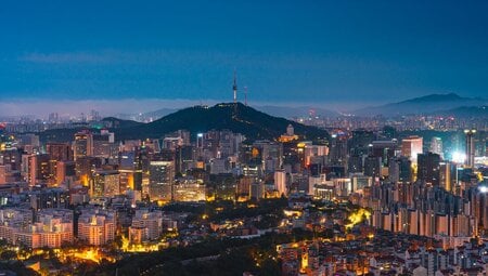 Seoul city lights at twilight with Namsan Mountain and N Seoul Tower on the skyline