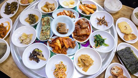 Traditional banchan lunch spread with many small plates in Sunchang, South Korea