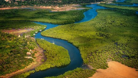 Aerial view of The Gambia River with green mangrove forest spreading out from its edges