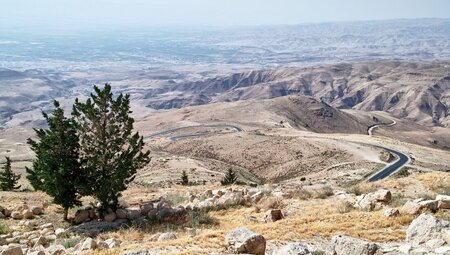 View of mountains landscape from summit of Mt Nebo, Jordan