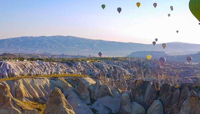 Turkey, Cappadocia, view with hot air balloons