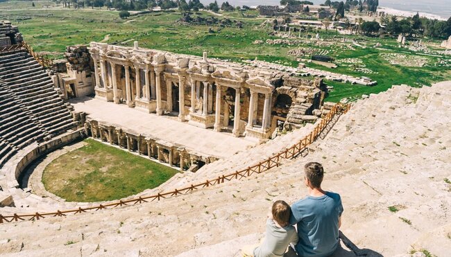 Father and son in the Pamukkale ampitheater in Turkey
