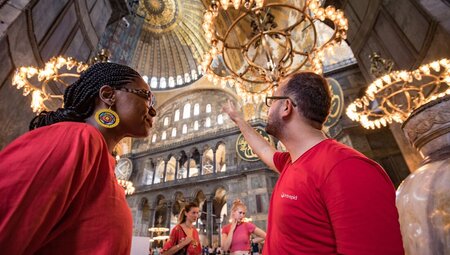 Intrepid leader points out details in the Hagia Sophia interior in Istanbul, Turkey