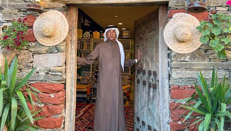 Guide Ali in the door of Fatima's Museum of Asiri Heritage in Abha, made in the traditional fashion