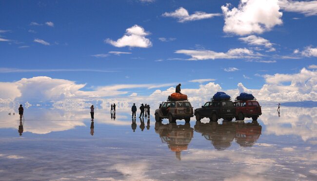 Standing in the sky on Salar de Uyuni in Bolivia