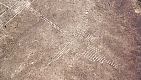 Aerial view of hummingbird Nazca Lines in the desert, Peru