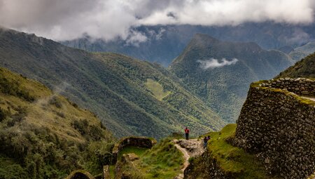 Intrepid travellers look over Phuyupatamarca Archaeological Site