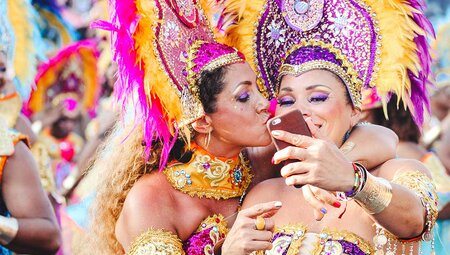 Carnival in Rio with Intrepid Travel - performers in the parade take a selfie