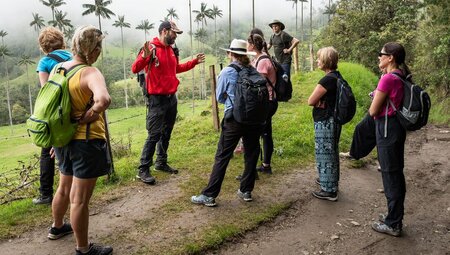 Leader talking to travel group in front of green hills and wax palm trees at Cocora Valley, Salento Colombia