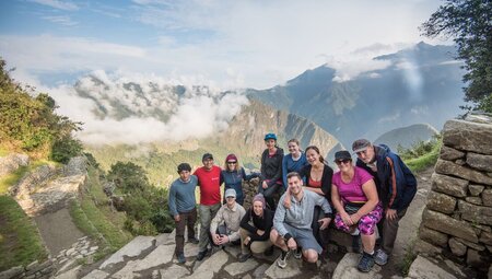 Group shot of Intrepid travellers and leader on the Inca Trail in peru