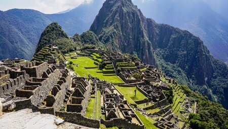Wide view of Machu Picchu, ancient ruins in Peru