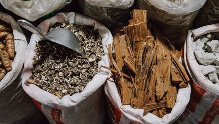 Details shots of an assortment of spices available at the San Pedro Market in Cusco, Peru