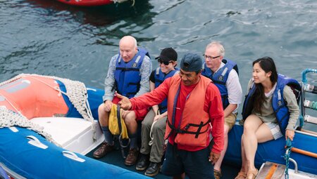 Group on raft boat, Galapagos Islands
