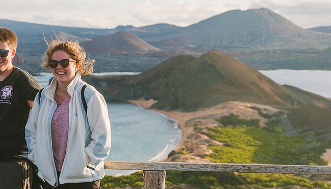 Group of travellers at lookout, Isla Bartolome, Galapagos Islands