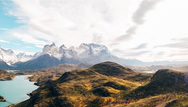 Panorama of the mountains in Torres del Paine National Park, Chile