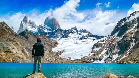 Man standing in front of Mount Cerro Paine viewpoint, Torres del Paine NP, Chile