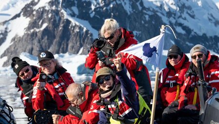 Citizen Science traveller participants out on a zodiac excursion off the South Shetlands
