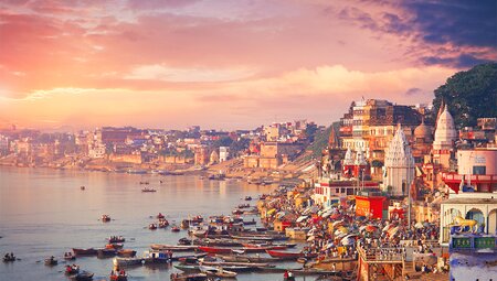 Holy city Varanasi and the river Ganges at sunset.