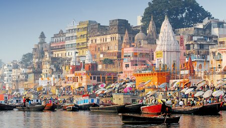Colourful river houses on The Ganges, Varanasi, India