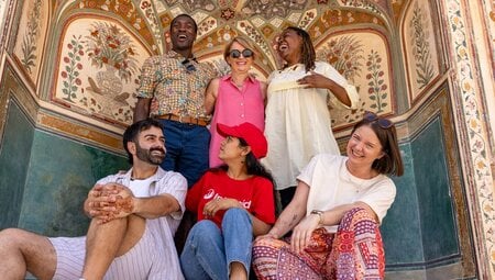 A happy shared moment in Jaipur's Amber Fort