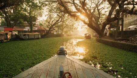 Punt boat cruise through the charming greenery canals and streams of Kerala backwaters