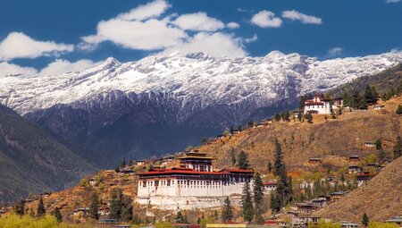 Rinpung Dzong (Monastery) sits above the city of Paro in Bhutan, at the feet of the Himalayas