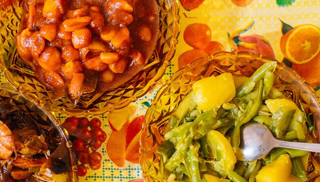 A top down view of a table full of Sri Lankan food.