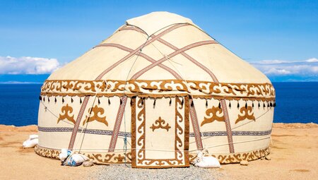 Traditionally styled yurt on the shore of Issyk-Kul Lake in northern Kyrgyzstan