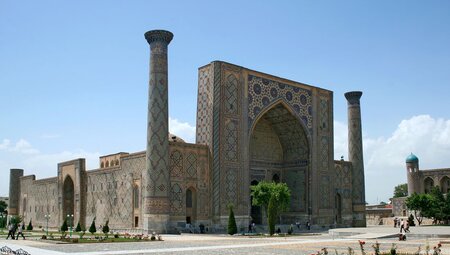Wide view of the Tilya-Kori Madrasa in Register Square, Samarkand, Uzbekistan
