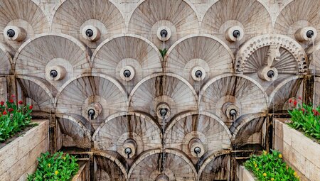 Yeveran Cascade complex architectural details with plant life nearby details