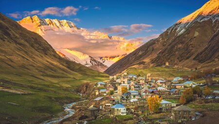 Ushguli village at the head of the Enguri gorge at sunrise in Svaneti, Georgia