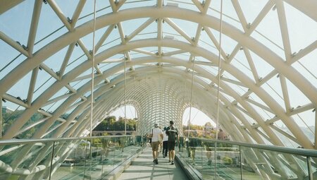 Intrepid travellers and leader on walking tour of Tbilisi