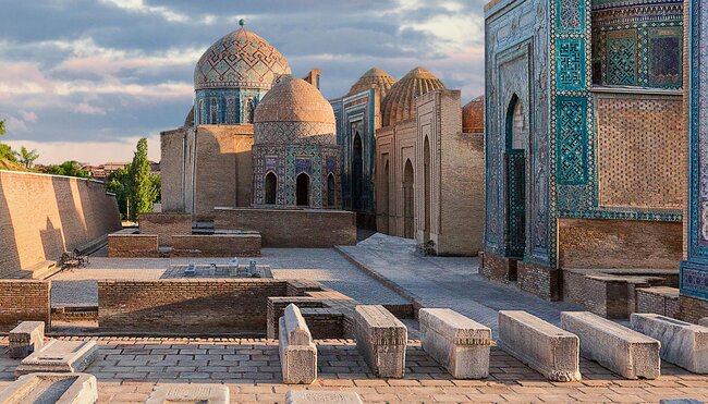Historical necropolis of Shakhi Zinda at sunset, Samarkand, Uzbekistan.